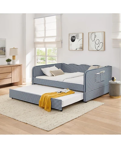 Streamdale Furniture Gingham Upholstered 3-in-1 Full-Size Daybed with Trundle and Storage
