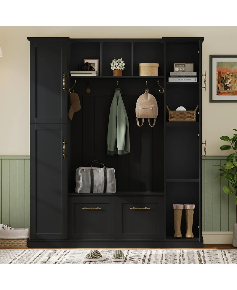 Streamdale Furniture Farmhouse Hall Tree with 4 Side Cabinets, Bench, and Coat Rack
