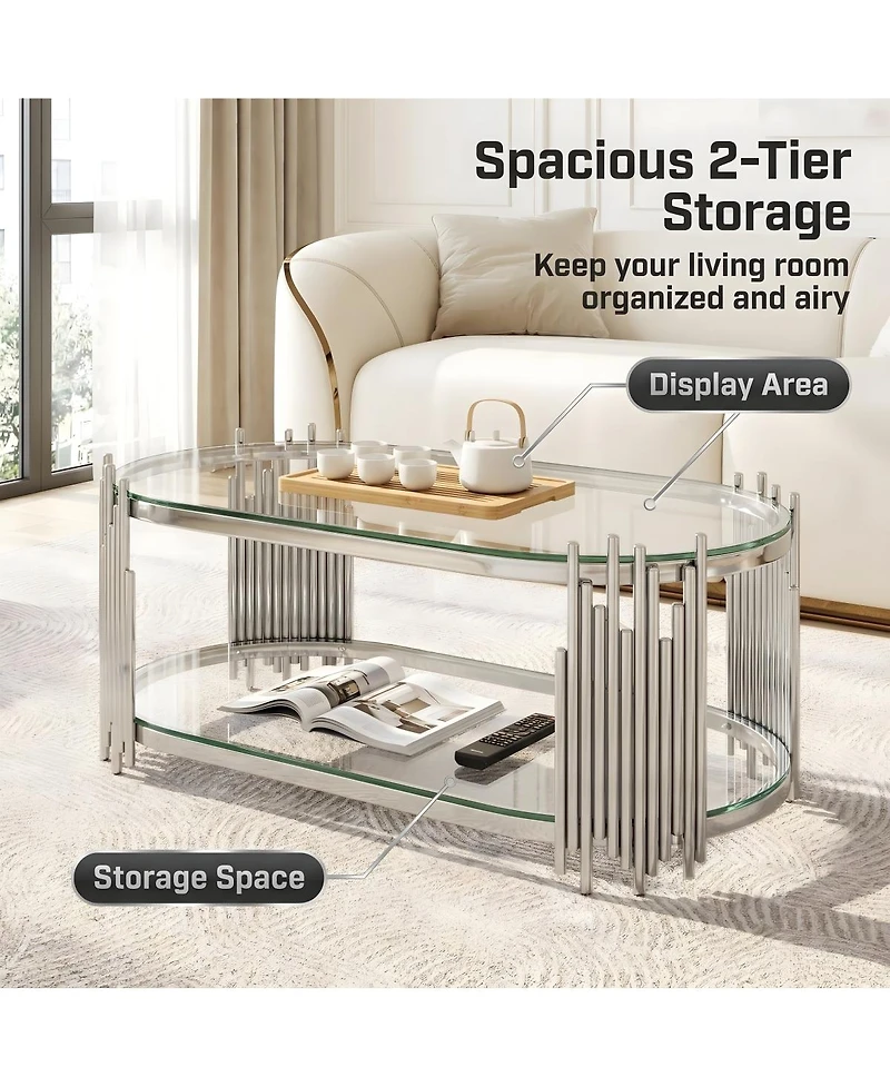 Streamdale Furniture Luxury Silver 2-Tier Oval Glass Coffee Table with Stainless Steel Frame
