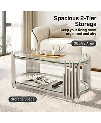 Streamdale Furniture Luxury Silver 2-Tier Oval Glass Coffee Table with Stainless Steel Frame