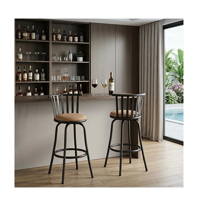 HomeRoots Set of Two Suede Faux Leather and Iron Low Back Adjustable Height Swivel Bar Chairs