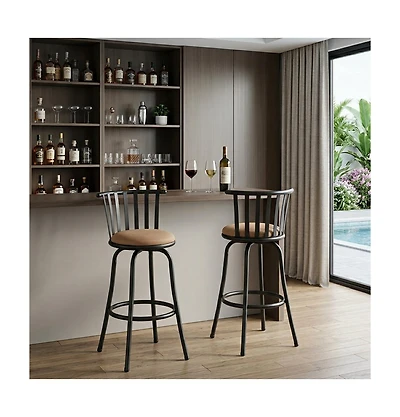 HomeRoots Set of Two Suede Faux Leather and Iron Low Back Adjustable Height Swivel Bar Chairs