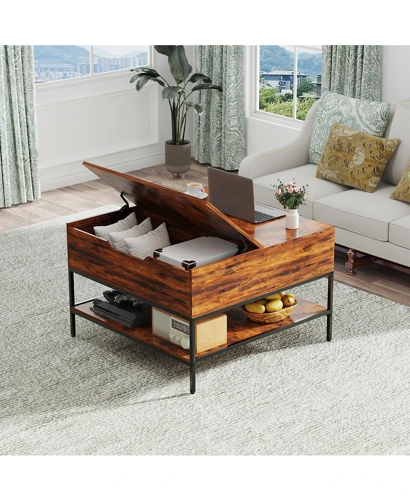 Streamdale Furniture Farmhouse Flip Top Coffee Table with Hidden Storage - 31.5" Rustic Wood