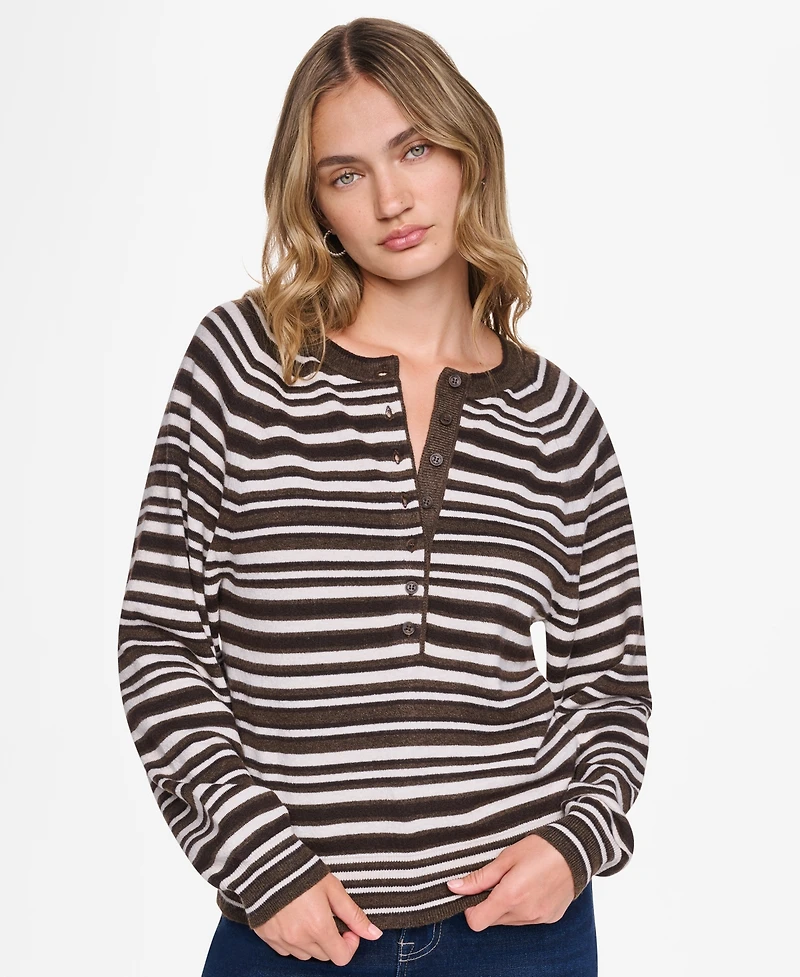 Dkny Jeans Women's Striped Long-Sleeve Henley Sweater