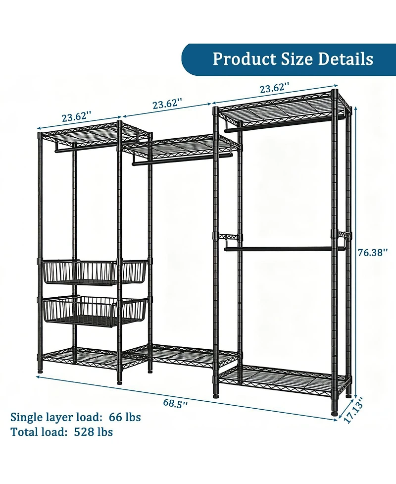 Streamdale Furniture Heavy Duty 4-Rod Freestanding Garment Rack with Shelves and Baskets