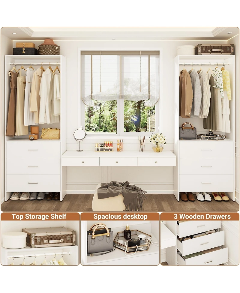 Aheaplus 48-In Closet Organizer System with Wooden Drawers and Hanging Rods