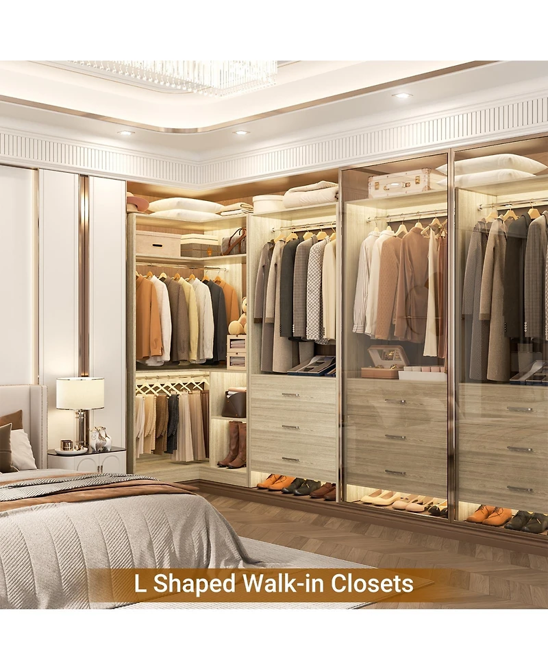 Aheaplus 57-In Corner Closet System Set with Wood Drawers and Hanging Rods