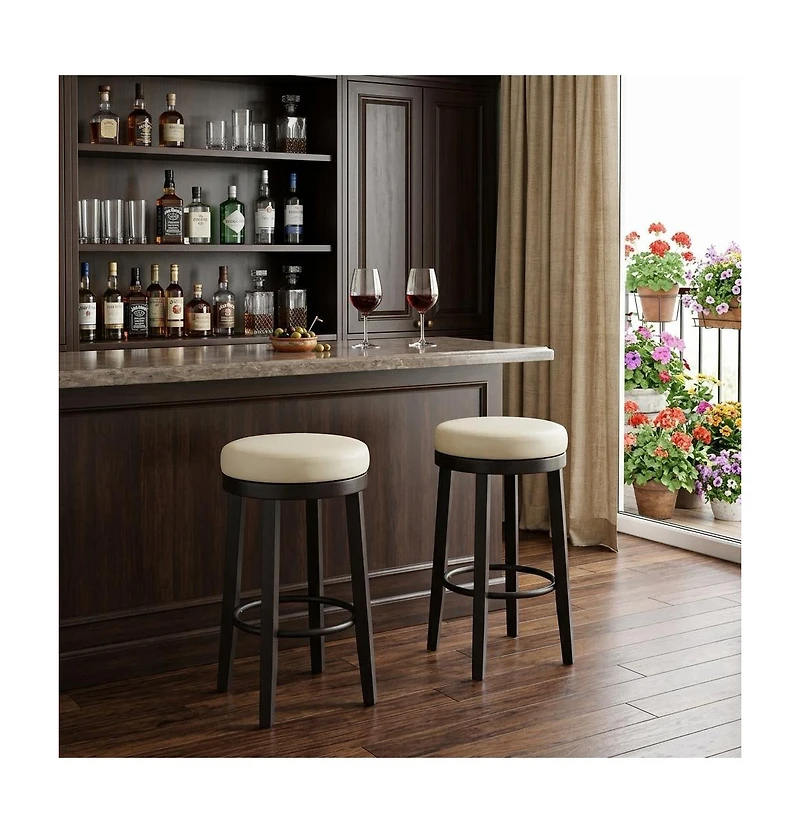 HomeRoots Set of Two 30" Faux Leather and Solid Wood Backless Bar Height Swivel Bar Chairs
