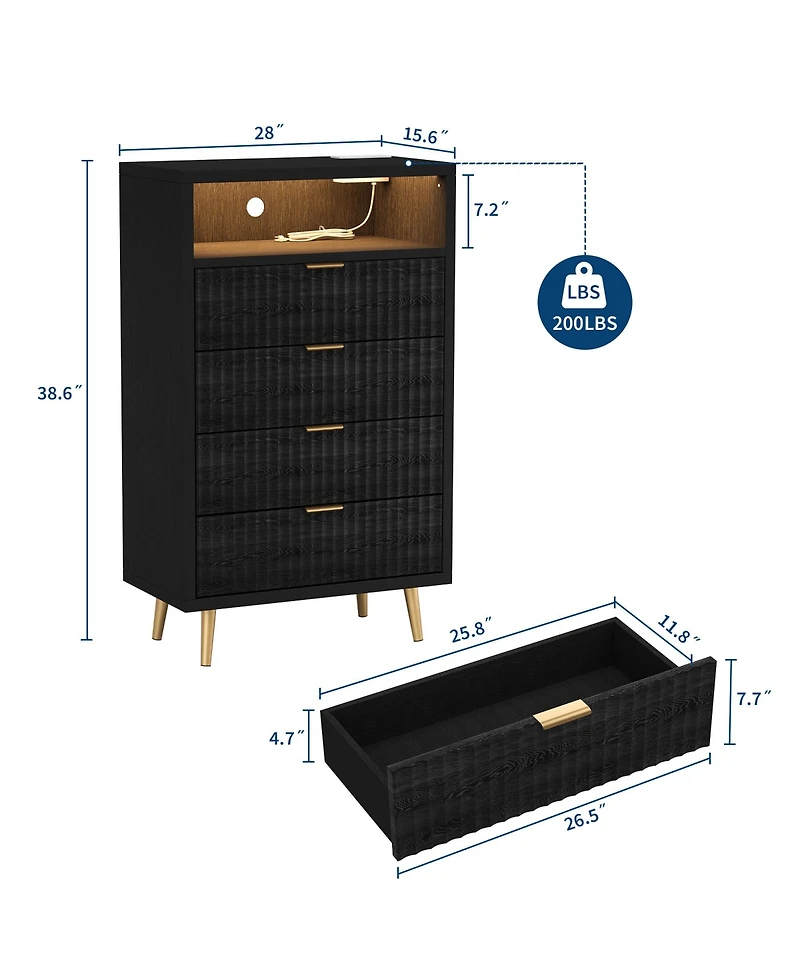 homfan 4 Drawers Dresser 28" Wooden Unit with Led and Charging, Fluted Night Stand Handle, Modern Dressers for Closet, Living Room, Hallway