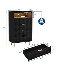 homfan 4 Drawers Dresser 28" Wooden Unit with Led and Charging, Fluted Night Stand Handle, Modern Dressers for Closet, Living Room, Hallway