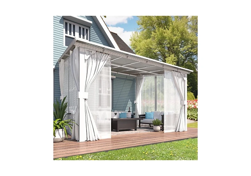 Aecojoy 10' x 10' Wall Mounted Hardtop Gazebo Lean to Metal Pergola with Curtains Netting Patio