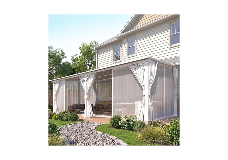 Aecojoy 20' x 12'Wall Mounted Hardtop Gazebo Lean to Metal Pergola with Curtains Netting Patio