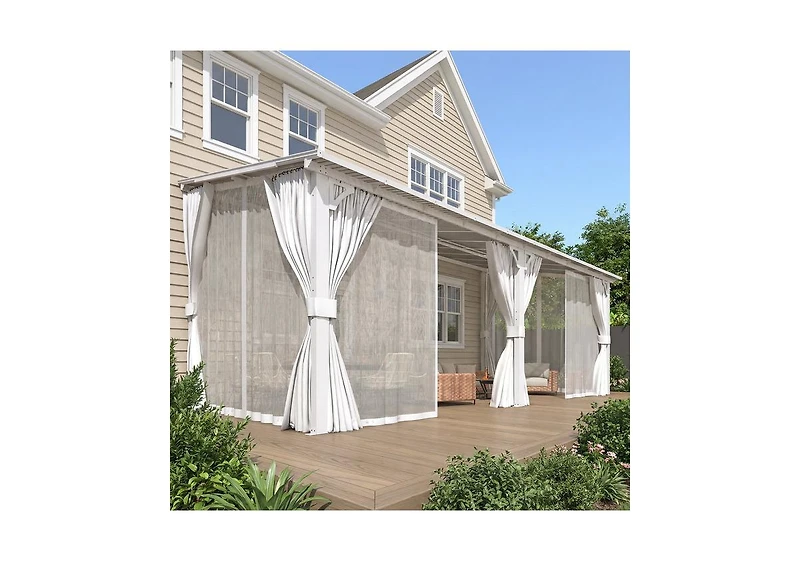 Aecojoy 20' x 8'Wall Mounted Hardtop Gazebo Lean to Metal Pergola with Curtains Netting Patio