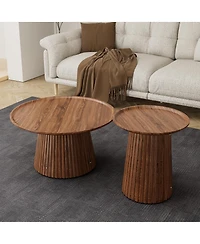 Streamdale Furniture Set of 2 Round Wooden Coffee Tables, Modern Walnut Finish
