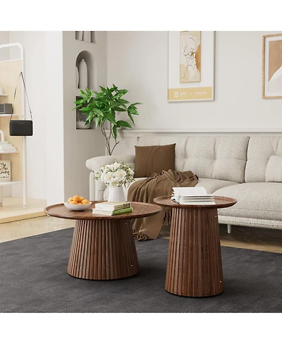 Streamdale Furniture Set of 2 Round Wooden Coffee Tables, Modern Walnut Finish