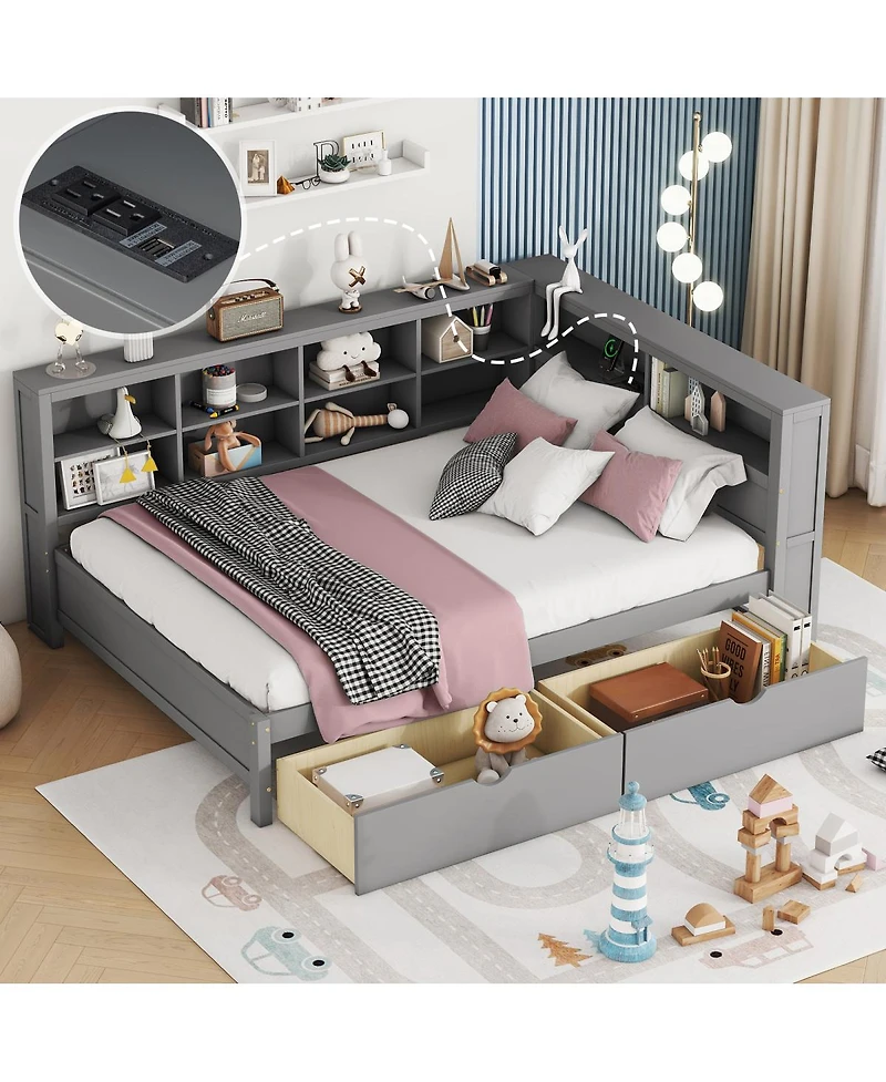 Streamdale Furniture Wooden Full Size Daybed with 2 Drawers, Storage Shelf, and Usb Ports