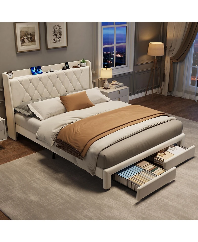 homfan Velvet Upholstered Platform Bed Frame with Crystal Tufted Headboard, 2 Storage Drawers, Built-in Charging, Slat Support