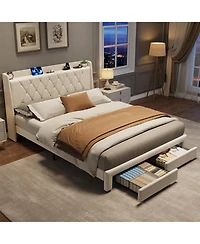 homfan Velvet Upholstered Platform Bed Frame with Crystal Tufted Headboard, 2 Storage Drawers, Built-in Charging, Slat Support
