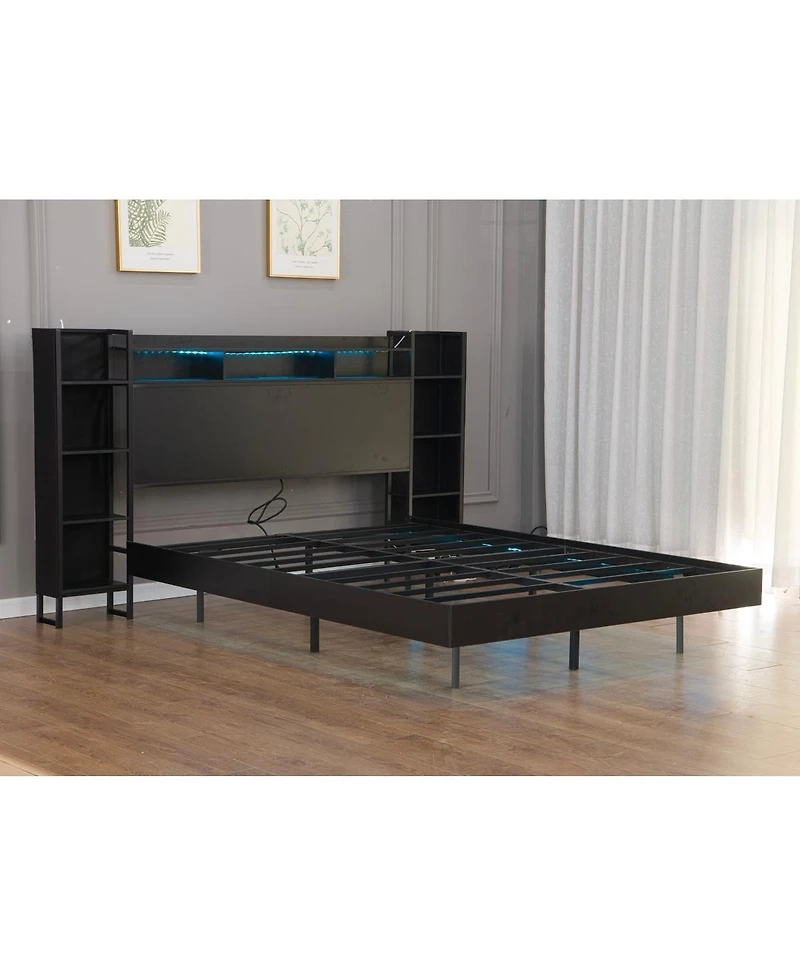 Streamdale Furniture King Size Floating Bed Frame with Led Lights, Usb Ports and Storage Headboard