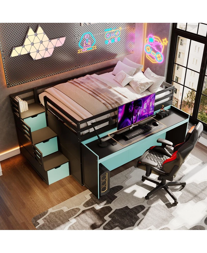 Streamdale Furniture Full Xl Loft Bed with Desk, Trundle, Storage Steps