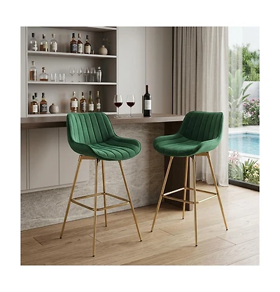 HomeRoots Set of Two 29" Velvet and Metal Low Back Bar Height Swivel Bar Chairs
