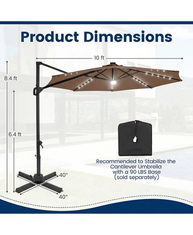 Sugift 10 Feet Cantilever Patio Umbrella with Solar Led Lights and 360 Rotation