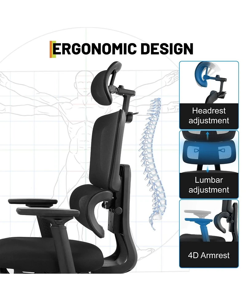 homfan Ergonomic Mesh High-Back Office Chair with Adjustable Lumbar, 4D Flip Arms, 3D Headrest, 3-Level Tilt