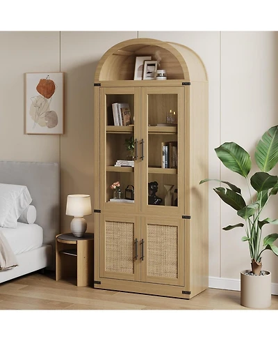 homfan 71" Arched Bookshelf with Glass Doors 5-Tier Modern Bookcase with Shelves, Farmhouse Storage Cabinet for Living Room and Office