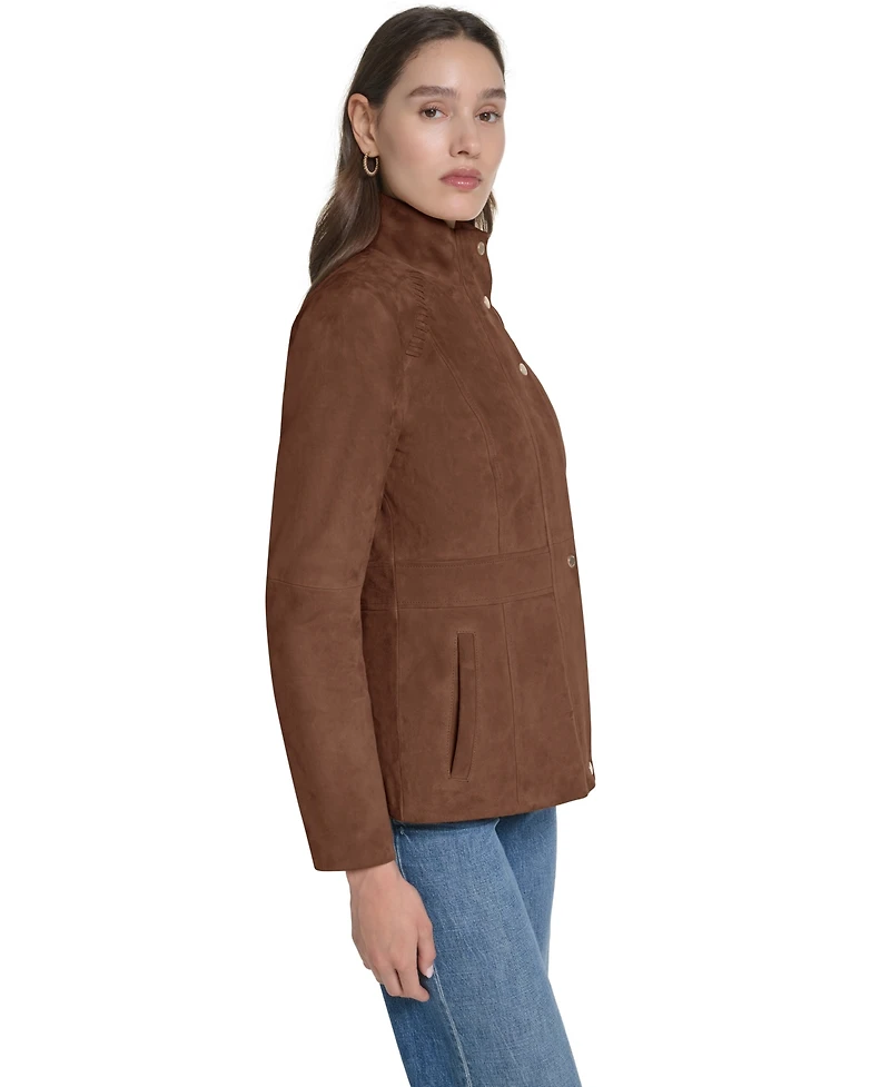 Cole Haan Women's Suede Zip Up Jacket with Stitch Detailing