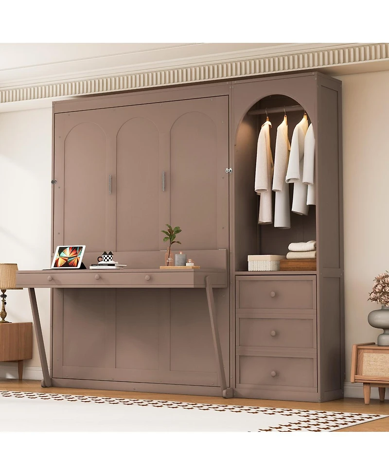 Streamdale Furniture Queen Size Murphy Bed with Storage, Led Lights, and 3 Drawers
