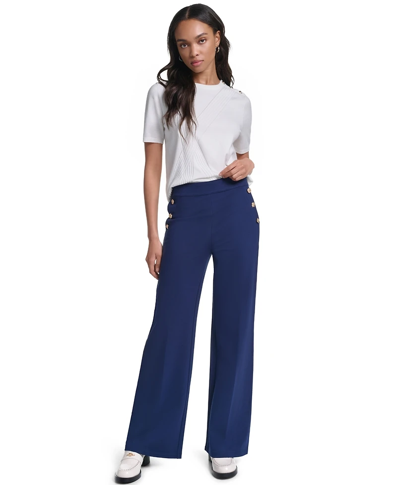 Karl Lagerfeld Paris Women's Side-Button Wide-Leg Ponte Pants