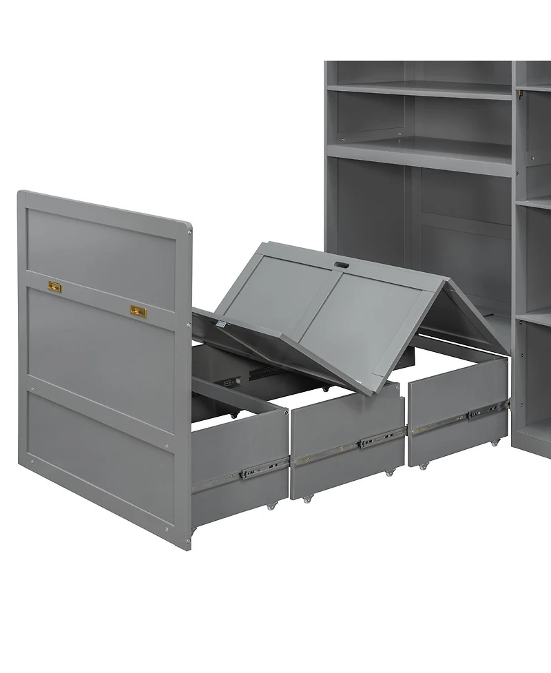 Streamdale Furniture Twin Murphy Cabinet Bed with Wardrobe, Storage Shelves and Led Lighting