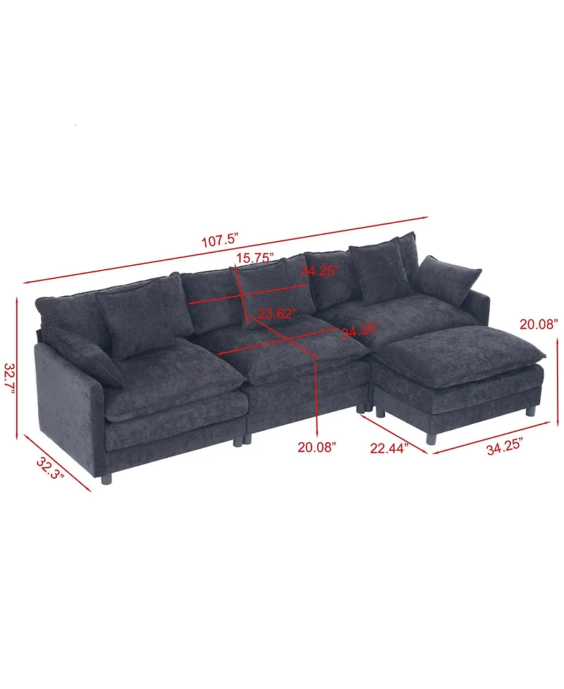 Clihome 108" L-Shaped Modular Chenille Sofa with Ottoman, 3 Seat Couch Pillows