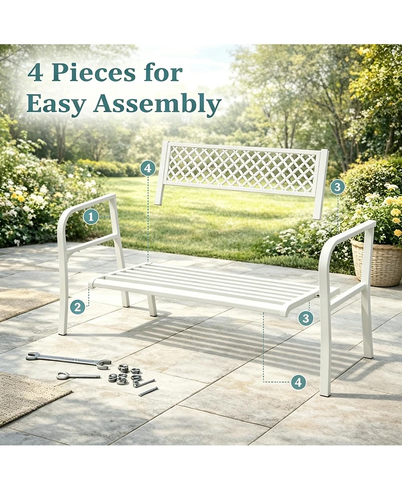homfan 50" Heavy Duty Steel Patio Garden Bench for 2, Outdoor Chair,Weather Resistant, Durable Geometric Backrest, Ideal for Yard, Porch, Deck Seating