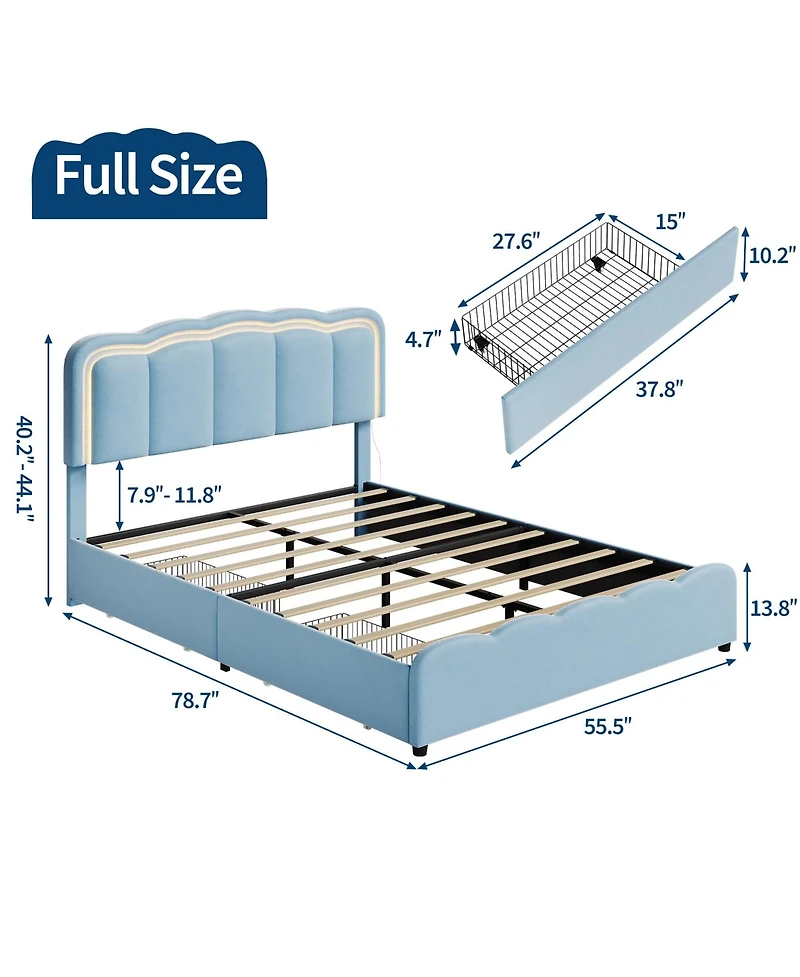 homfan Upholstered Platform Bed Frame, Full Frame with Led Lights, Adjustable Headboard, 2 Storage Drawers, No Box Spring Needed, Easy Assembly