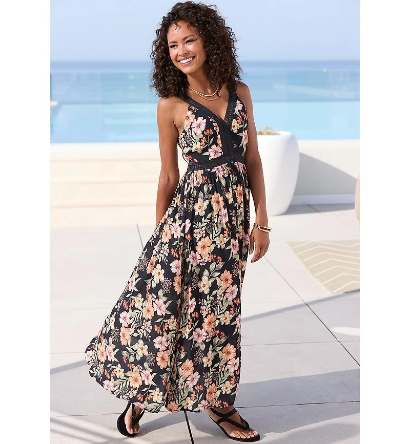 Lascana Women's Crochet Detail Floral Maxi Dress
