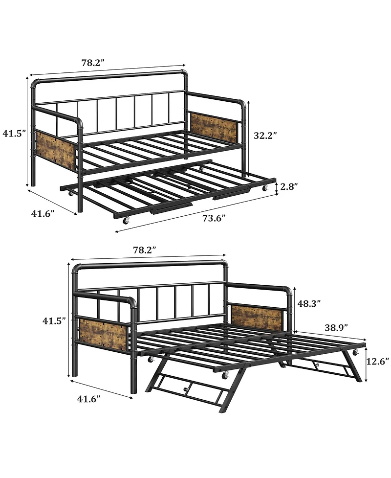 homfan Daybed with Trundle, Twin Daybed with Pop Up Trundle Set, Metal Twin Bed Frame with Steel Slat Support, Easy Assembly