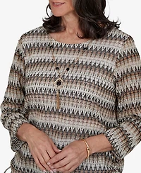 Alfred Dunner Women's Travel Advisory Biadere Textured Top With Necklace