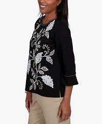 Alfred Dunner Women's Travel Advisory Scroll Leaf Embroidered Top