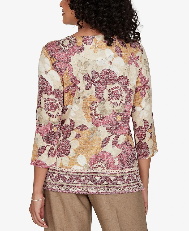 Alfred Dunner Women's Union Square Exploded Floral Geo Border Top