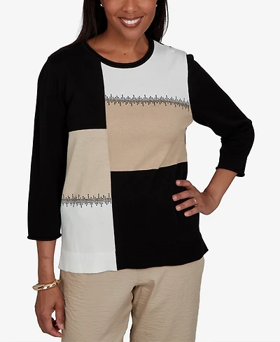 Alfred Dunner Women's Travel Advisory Neutral Colorblock Embellished Sweater