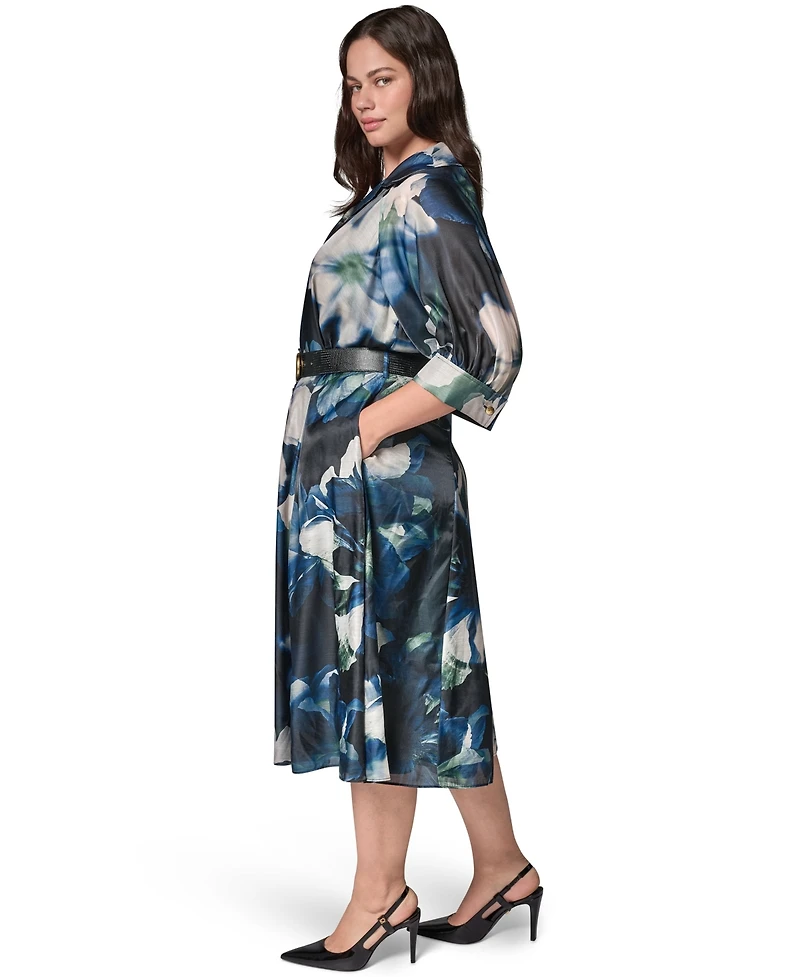 Donna Karan New York Plus Collared Belted Printed Midi Shirtdress
