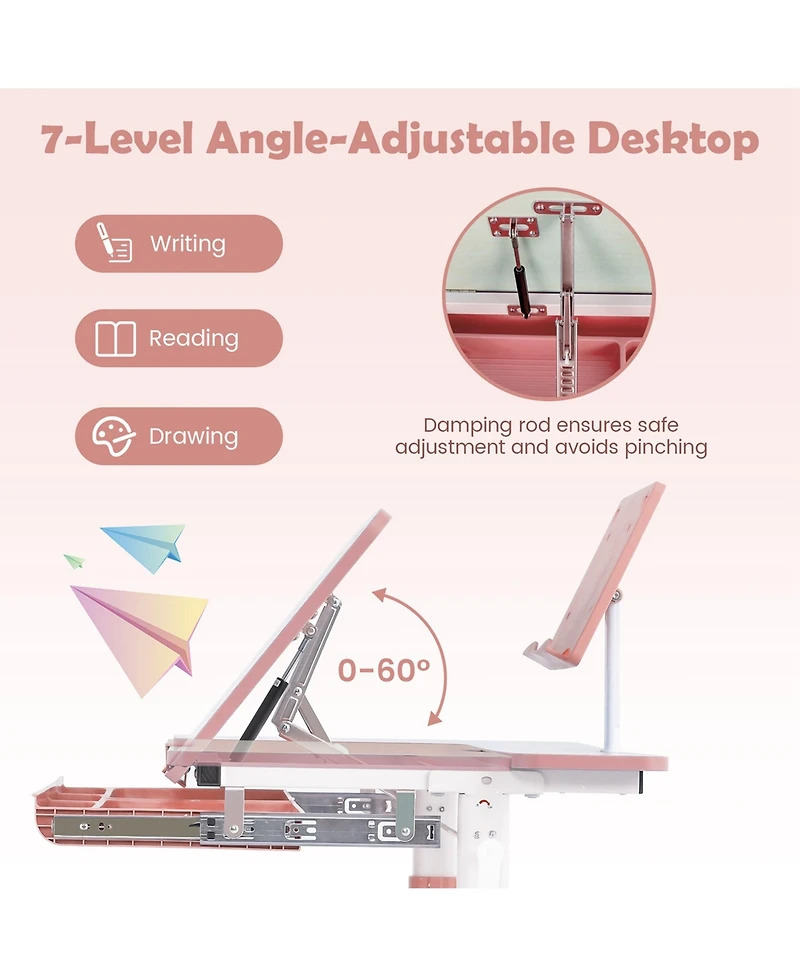 Height-Adjustable Kids Desk Children Study Table with Tilt Desktop & Book Stand