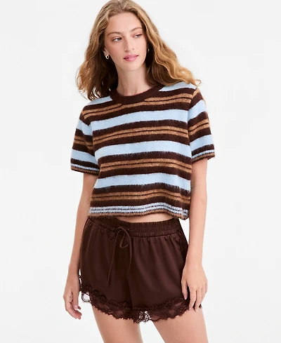And Now This Women's Short-Sleeve Striped Brushed Crop Sweater, Macy's Exclusive