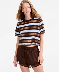 And Now This Women's Short-Sleeve Striped Brushed Crop Sweater, Macy's Exclusive