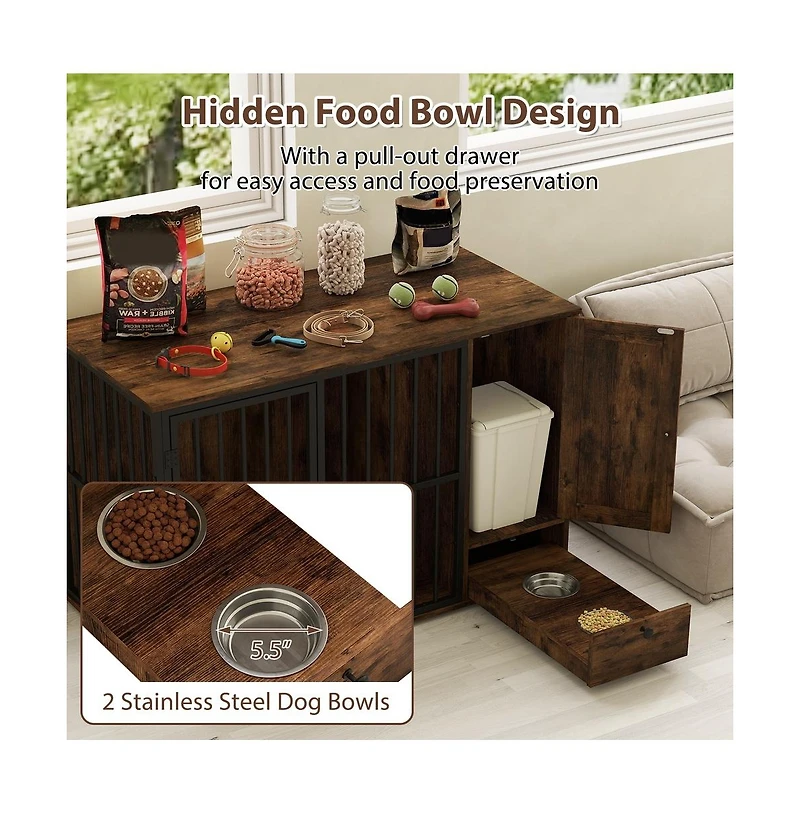 Ruie Dog Crate Furniture End Table with Hidden Pull-Out Feeder Bowls