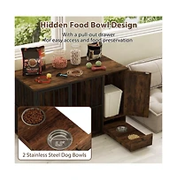 Ruie Dog Crate Furniture End Table with Hidden Pull-Out Feeder Bowls