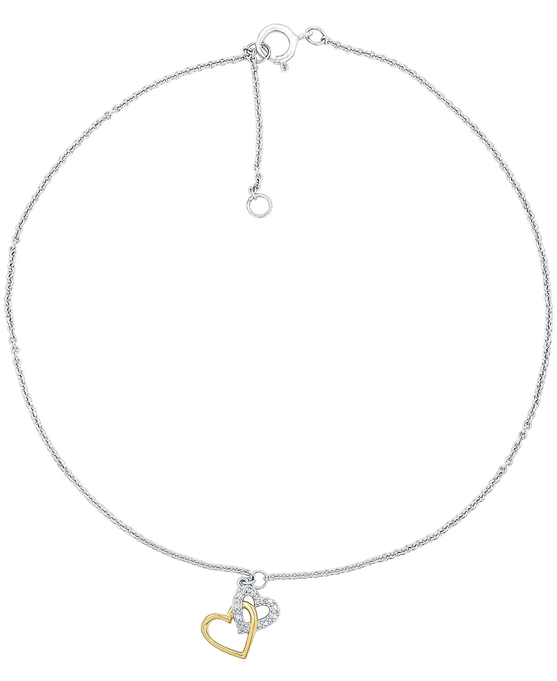 Diamond Accent Double Heart Ankle Bracelet in Sterling Silver & 14k Gold-Plate