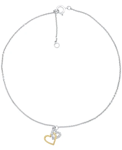 Diamond Accent Double Heart Ankle Bracelet in Sterling Silver & 14k Gold-Plate