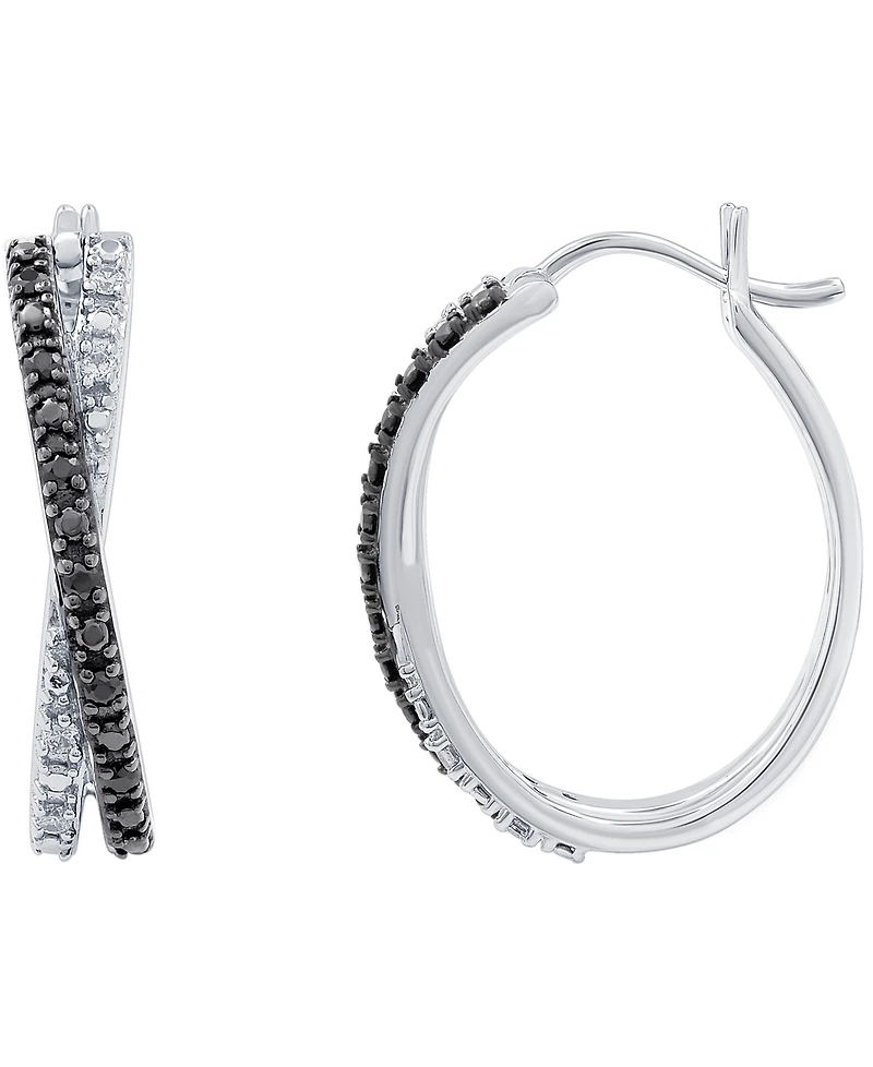 Black Diamond (1/10 ct. t.w.) & White Diamond (1/20 ct. t.w.) Crossover Hoop Earrings in Sterling Silver